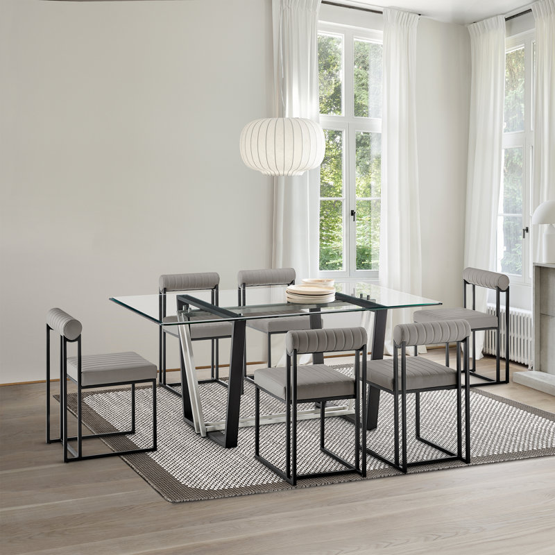 Mirriah 7 Piece Rectangular Glass Dining Table Set with Metal Frame and Upholstered Chairs, Black, Dark Grey