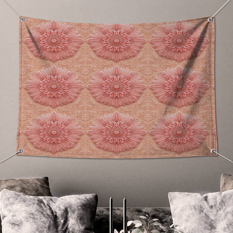 Tapisserie murale mandala floral rose, H 104 po x 88 avec 4 œillets