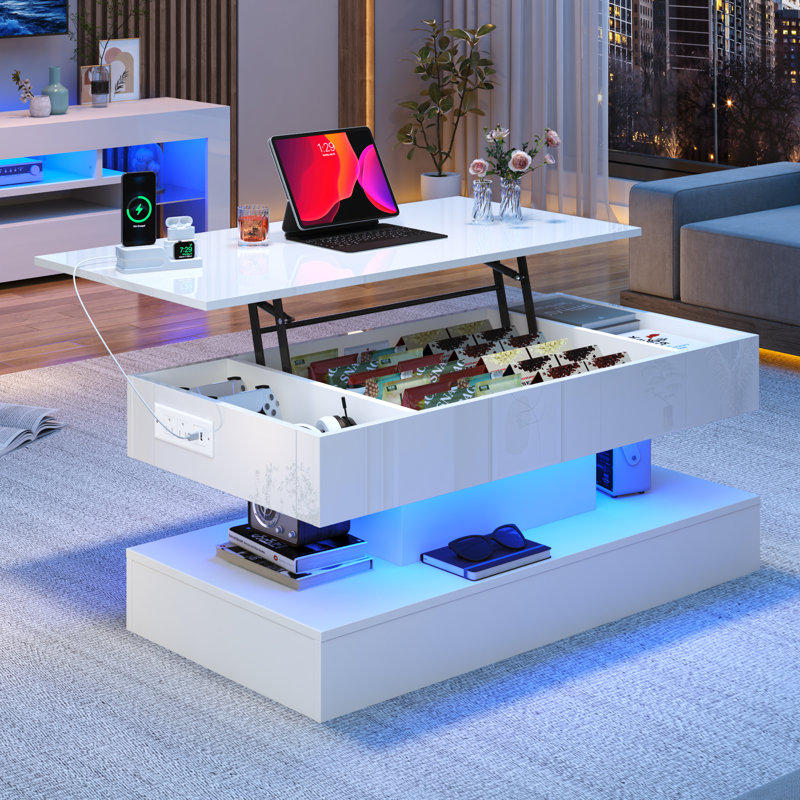 Table basse à plateau relevable de 47,3 po avec lumières DEL RVB APP, station de charge USB et CA, table de rangement haute brillance réglable en hauteur pouvant supporter 180 lb