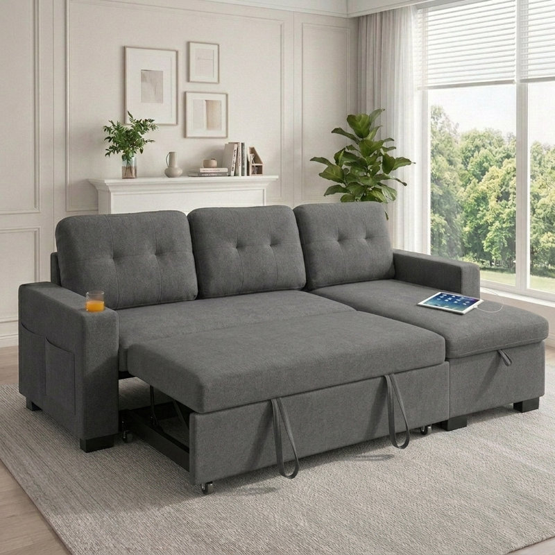 82" Sleeper Sectional Sofa with Pull-Out Bed, Convertible L-Shaped Couch with Reversible Storage Chaise, USB Ports, Cup Holders & Side Table for Living Room, Small Space, Apartment