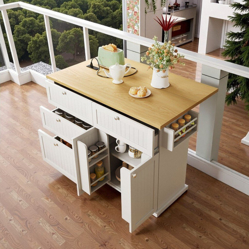 Îlot de cuisine avec abattant, 2 tabourets, prise de courant, armoire de rangement et tiroirs, pieds en bois d'hévéa, Blanc
