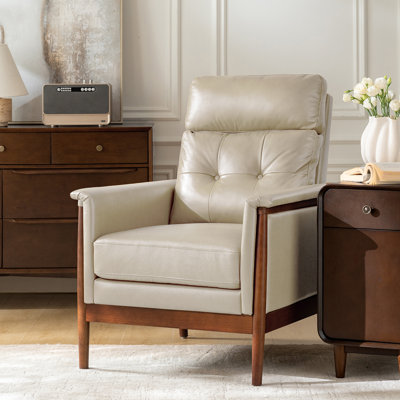Outen Mid-Century Modern Genuine Leather Armchair with Solid Wood Armrests