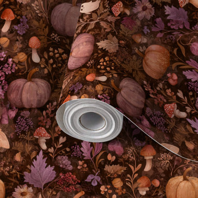 Papier peint auto-adhésif à peler et coller, champignon d'automne et citrouilles rustiques d'automne 17,7 po x 118 po (45 x 300 cm)