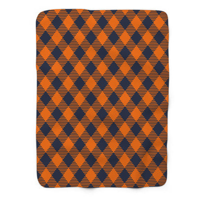 Plaid Navy Orange - 1 Piece Premium Sherpa Blanket