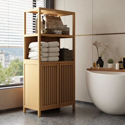 52" Bamboo Storage Cabinet with 2 Doors, 13" Slim Floor Organizer for Bathroom/Kitchen/Entryway, 2-Tier Open Shelf + 2-Tier Inner Storage, Natural Sustainable Material