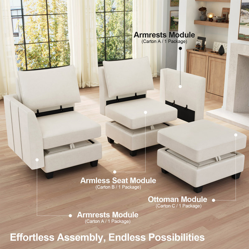 Repose-pieds en velours avec siège modulaire Allinson, Beige