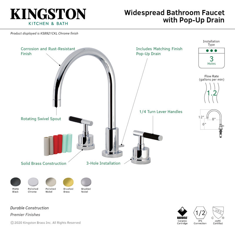Robinet de salle de bain espacé à deux poignées et 3 poignées à fixation sur le comptoir avec bonde escamotable en laiton Kingston