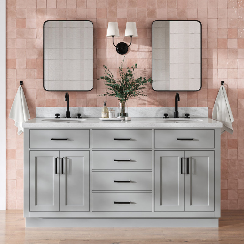 Meuble-lavabo double en bois massif de 66 po avec plateau en marbre de Carrare de 1,5 po Thornaby, Ovale, Gris / noir mat