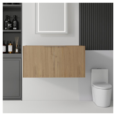 Meuble-lavabo suspendu de 91 cm (36 po) en chêne, construction en contreplaqué avec portes à fermeture douce et rangement mural (lavabo non inclus)