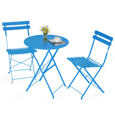 Outdoor 3-Piece E-Coated Metal Bistro Set, Foldable Table and Chairs