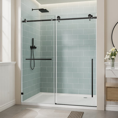 Porte de douche coulissante simple sans cadre, porte en verre trempé avec film antidéflagrant et poignée en acier inoxydable
