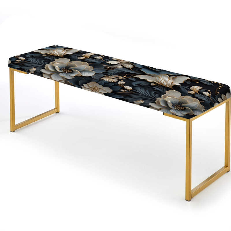 Upholstered Gold Bench, Elegant White And Grey Floral Gardens I