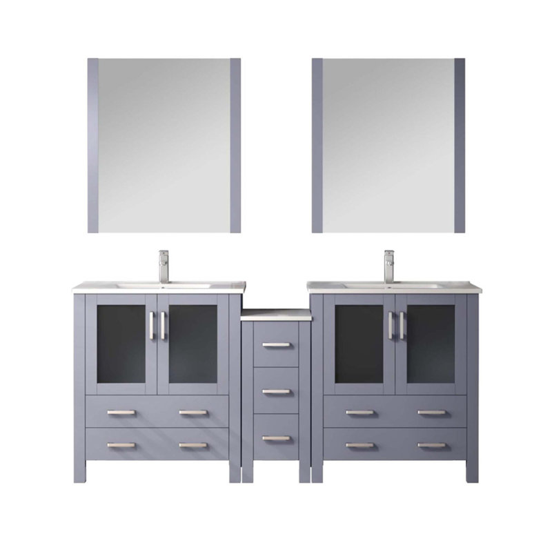 Meuble-lavabo double avec armoires latérales, ensemble de robinet, comptoir en céramique et miroirs