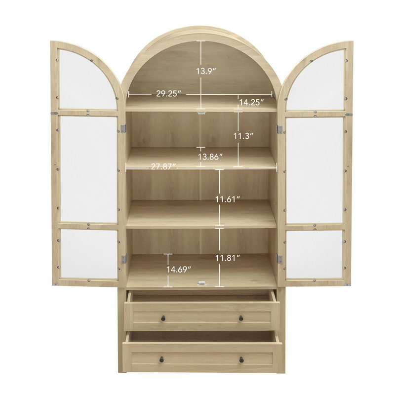  70,28 po de hauteur, garde-manger arqué, armoire de rangement de style campagne moderne avec portes en verre et tablettes réglables, naturel