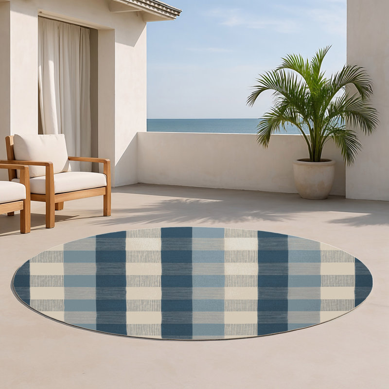 Tapis d'intérieur et d'extérieur à carreaux bleu, Rond 5 pi