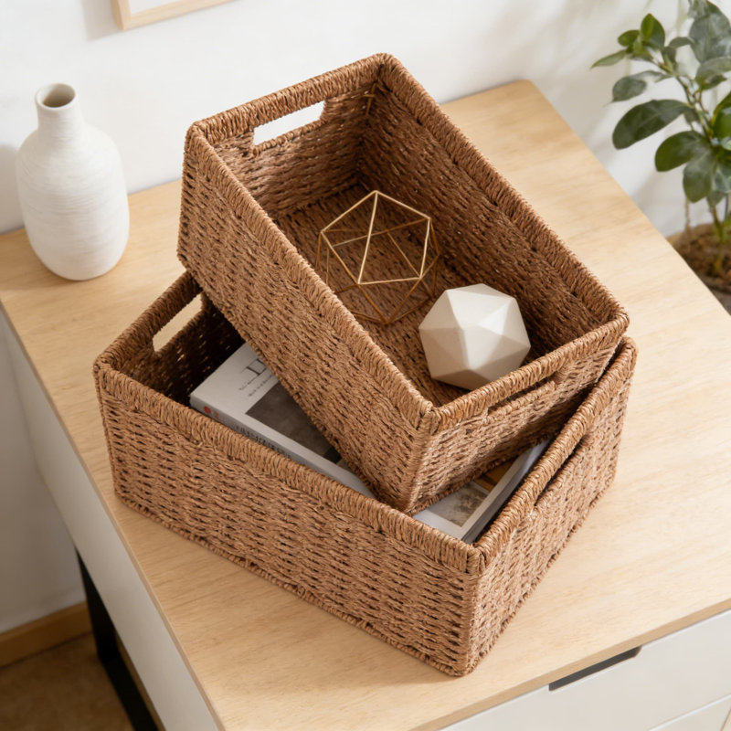 Panier de rangement en corde de papier tissé avec poignées, bac de rangement rectangulaire pliable pour tablettes, placard, salon et chambre de bébé