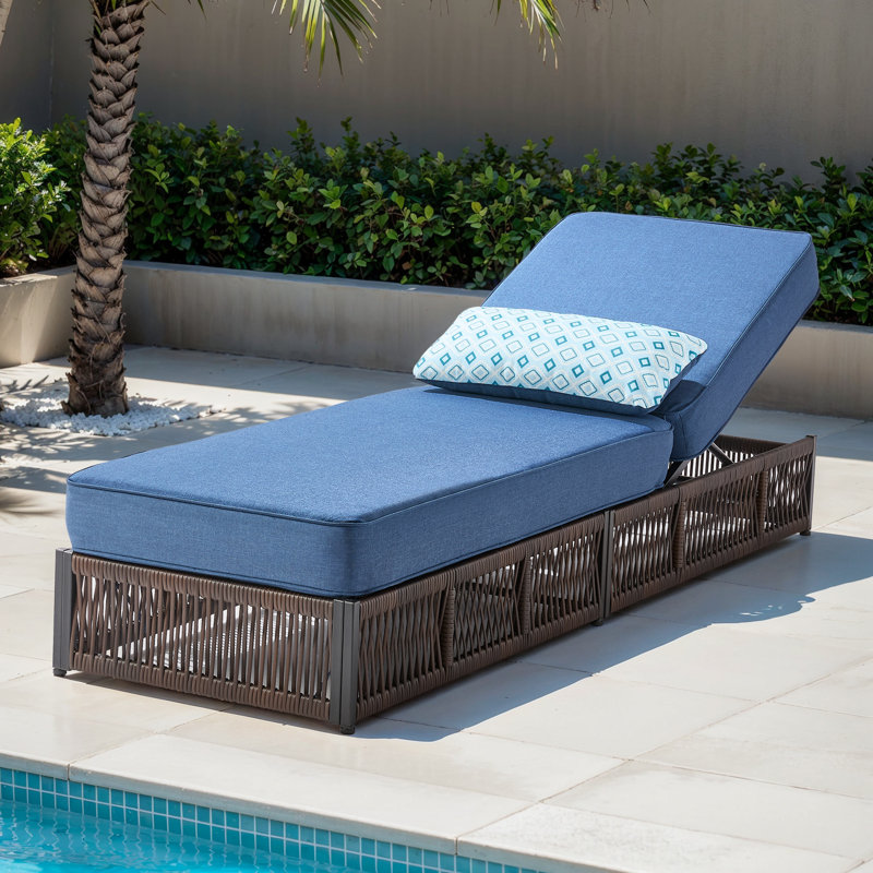 Hand-Woven Rattan 6-Position Adjustable Outdoor Chaise Lounge with 5" Thick Olefin Cushion for Patio & Poolside, Blue