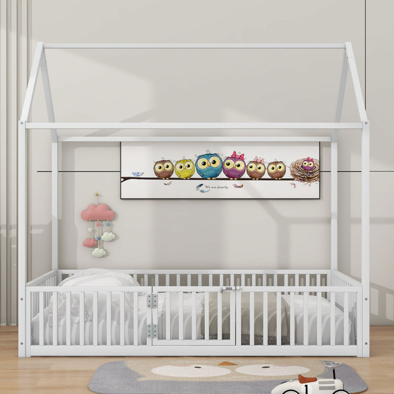 Metal House Bed With Fence, Twin, White