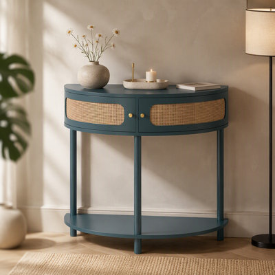 Table de bout unique en forme de demi-lune avec porte coulissante en rotin, entrée élégante en demi-cercle
