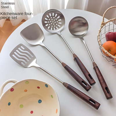 4 Piece Premium 304 Stainless Steel Kitchen Spatula Set With Heat-Resistant Wooden Handle And Silicone Coating For Cooking Flipping Stirring And Serving