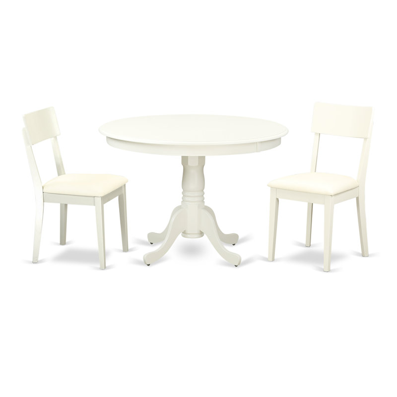 3 Piece Dining Table Set for Small Spaces Contains a Round Dining Room Table with Pedestal and 2 Faux Leather Upholstered Chairs, 42x42 Inch, Linen White