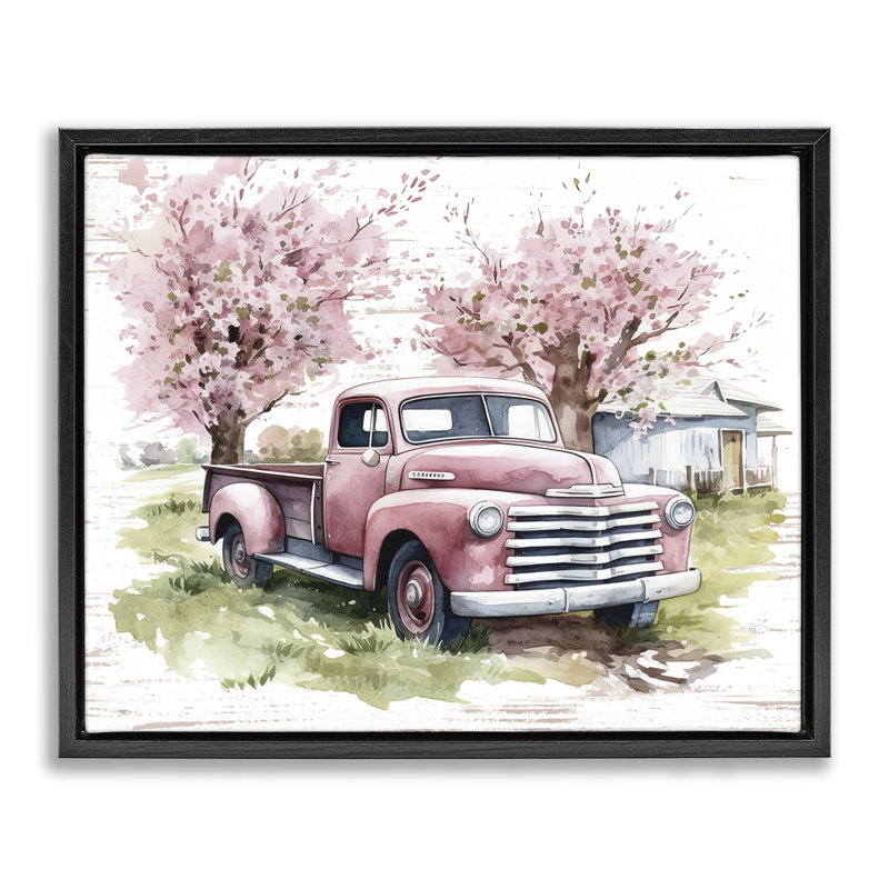 "Cherry Blossoms & Pickup", art mural encadré flottant par lettré et doublé, H 25 po x l 31 po, Cadre flottant noir de jais