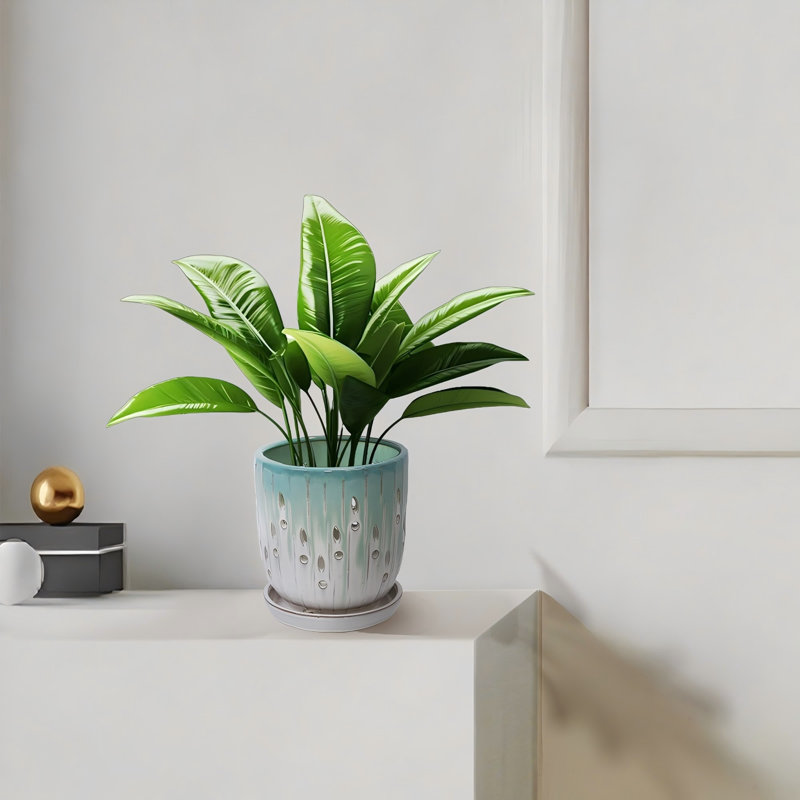 Pot de fleurs en céramique colorée, Blanc/vert