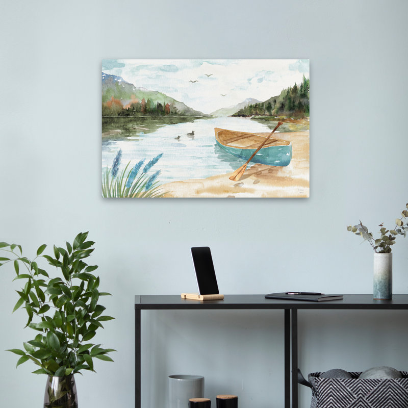 «Lake Love I» contemporain bleu gris plage d'automne, H 24 po x l 16 po