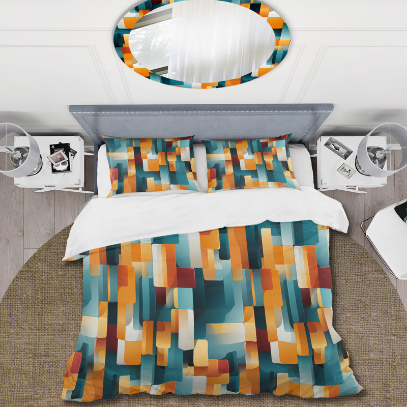 Orange And Teal Popart Pop Culture Pixels - Ensemble de housse de couette rayé