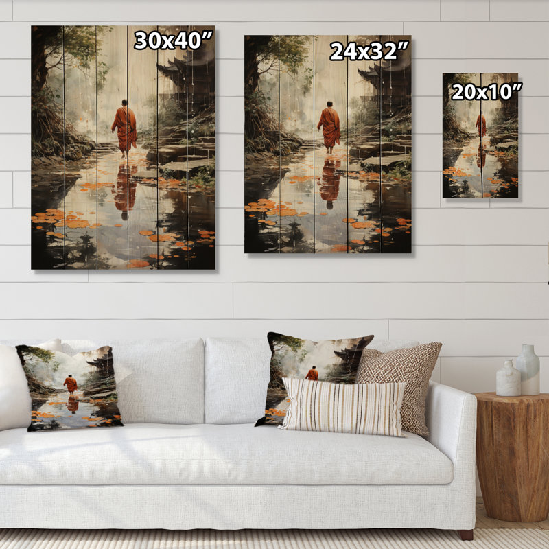 Art bouddhiste orange gris, empreintes de bouddhas I sur bois, H 20 po x l 10 po x P 0,78 po