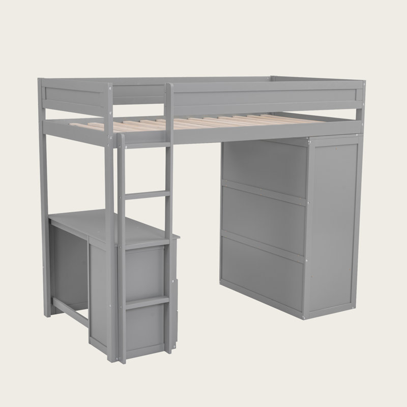 Premium Solid Wood Loft Bed with Built-In Wardrobe & Study Desk, Gray, Twin