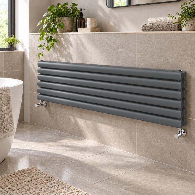  Horizontal Oval Panel Radiators, 1500mm W x 350mm H, Grey