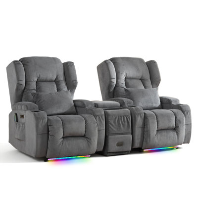 Power Recliner Chair Set With Multi-Functional Console, Led Light/Cup Holders/Charging/Free Pillows