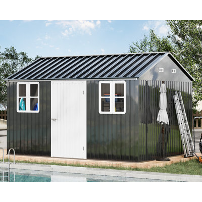  Remise nordique 12 x 3,3 x 8,2 pi avec 2 portes et 4 portes verrouillables Guardian Shelter Series AMERLIFE, gris foncé / blanc