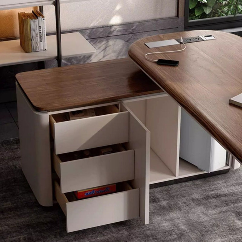 Nut-brown+Griege L-Shaped Manufactured Wood+Stainless Steel with 3 drawers desk, 29.53" H x 62.99" W x 59.06" D