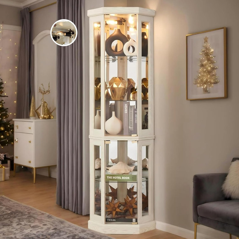 Lighted Corner Curio Cabinet In Antique White - Space-Saving 3-Sided Tempered Glass Display With Mirrored Back, Adjustable Glass Shelves & Wood Accent Storage For Living Room, Dining Room & Home Bar