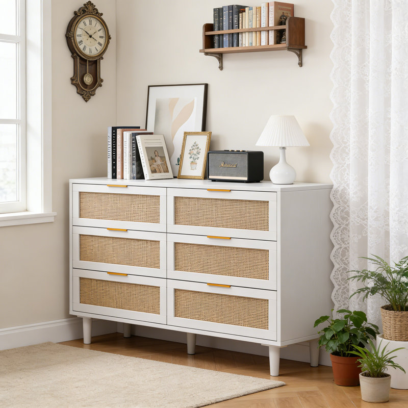 Commode 51,18 "à 6 tiroirs avec armoire de rangement en rotin, pour chambre à coucher et salon, Blanc
