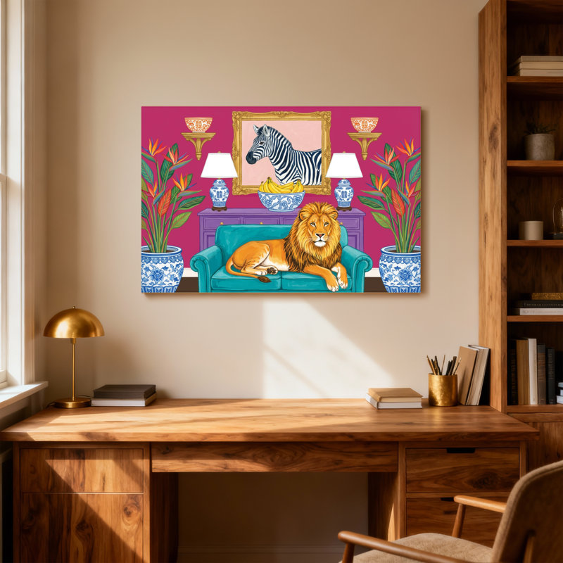 Animaux, lion sur un canapé avec un portrait de zèbre, H 20 po x l 30 po