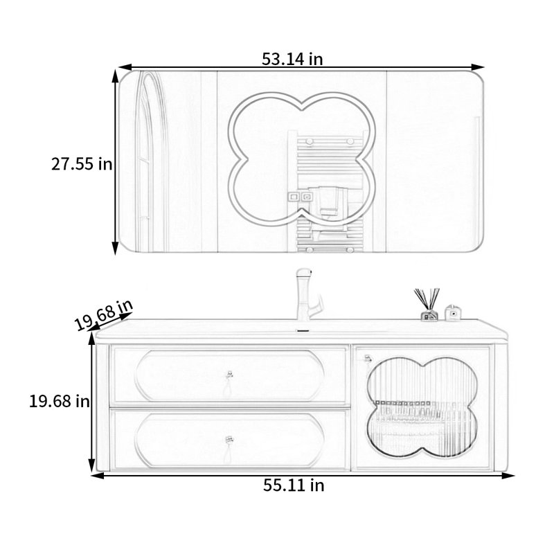 French dopamine-style rest room bathroom cabinet, 19.68" H x 55.11" W x 19.68" D