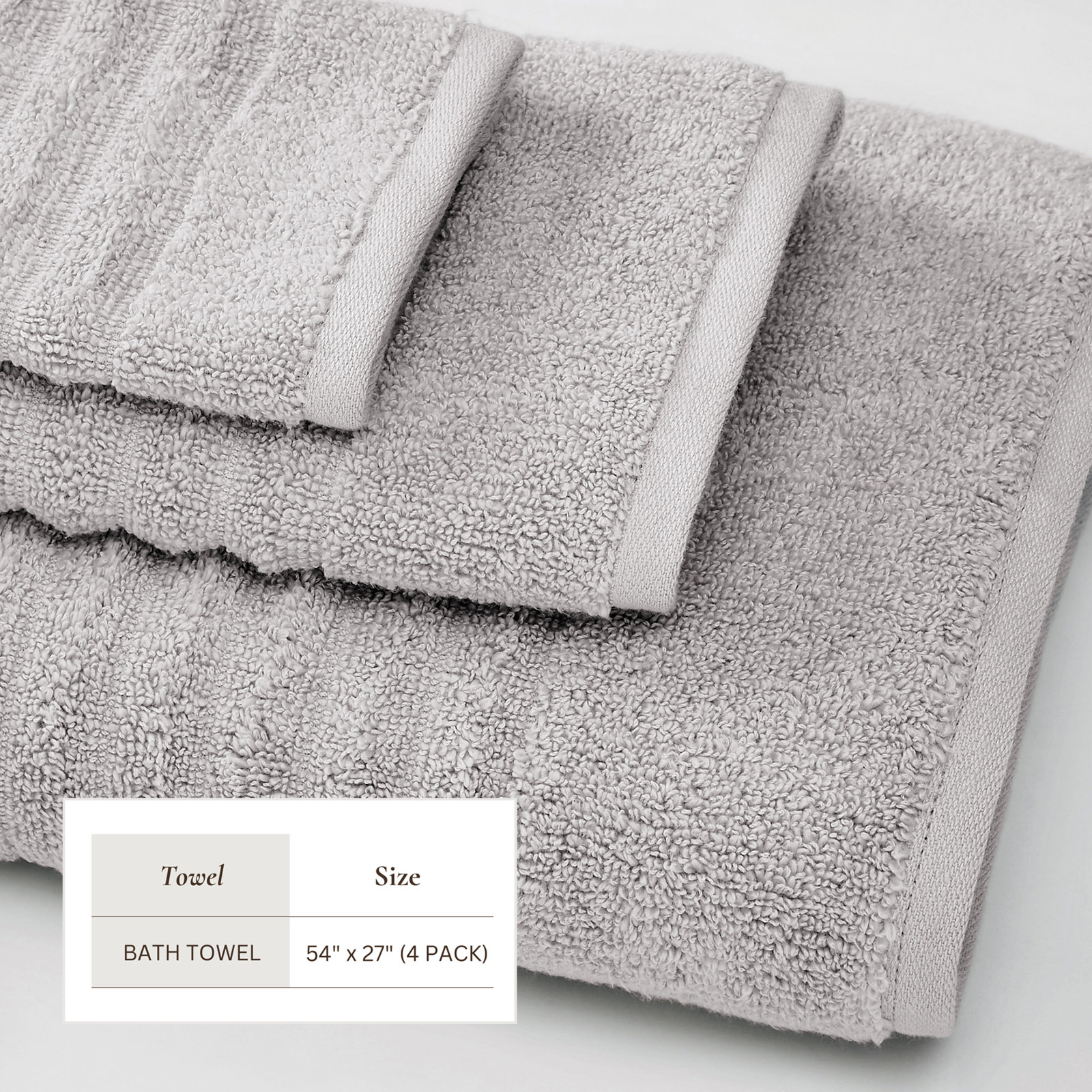 100% Zero-Twist Cotton Ribbed Hand Towels (Set of 6), Bath Towels - 4 Pack, Soft Gray
