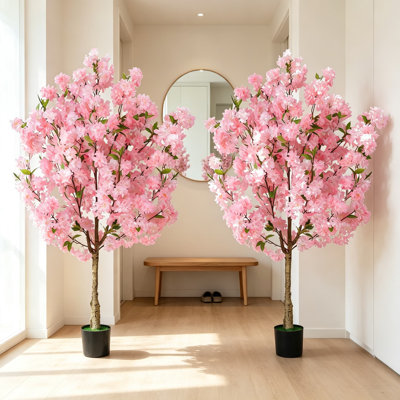 2 Pack Artificial Cherry Blossom Tree, 4FT Fake Pink Sakura Plant, Faux Silk Flowers for Indoor Decor, Living Room, Bedroom, Office, Entryway, Home House Decoration