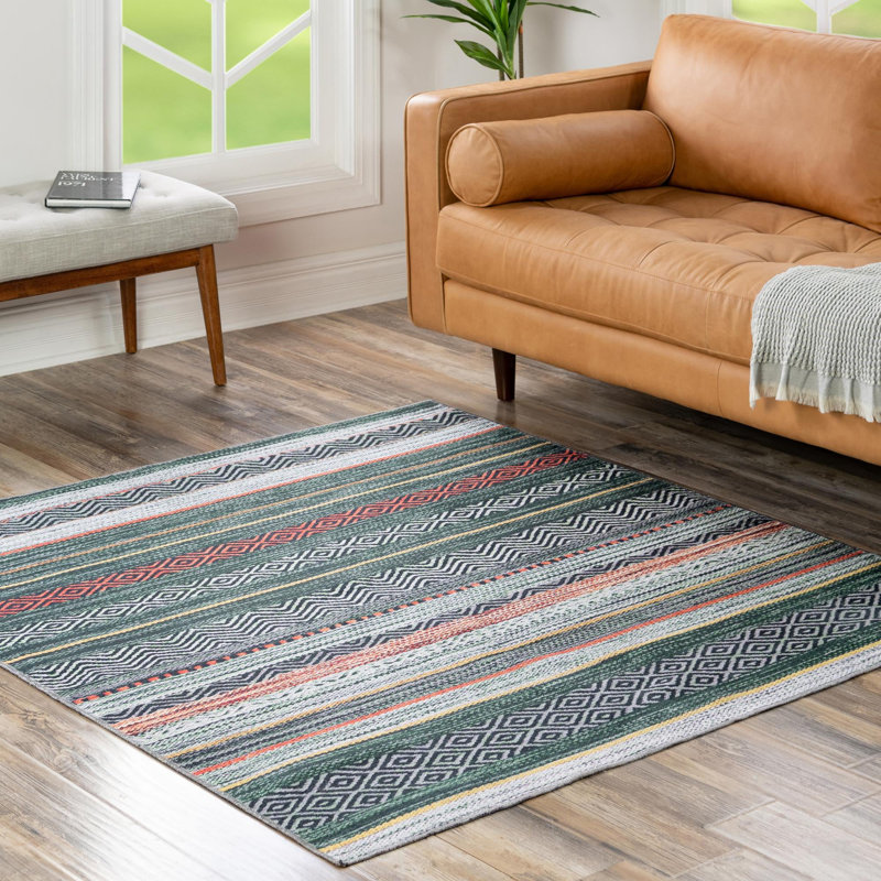 Tapis contemporain Abidur vert-ivoire, Carré 5 pi