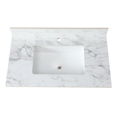 Le meuble-lavabo de comptoir de salle de bain 37 po x 22 po en pierre frittée blanche encastrée en céramique rehausse l'apparence des taches et de l'hygiène