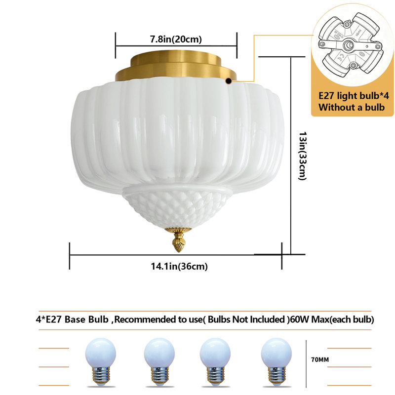 Milk Glass Semi Flush Mount Ceiling Light, Gold