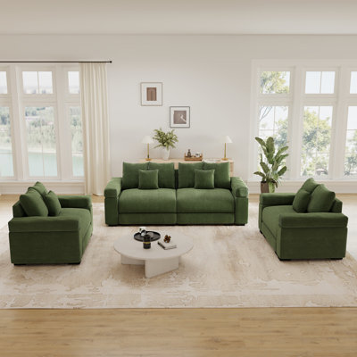 Canapé d'angle modulaire surdimensionné Cloud, 2 places (210 cm) + 2 fauteuils (138 cm), tissu velours côtelé doux, accoudoirs extra-épais, coussins haute résilience, design ergonomique pour grands salons, vert