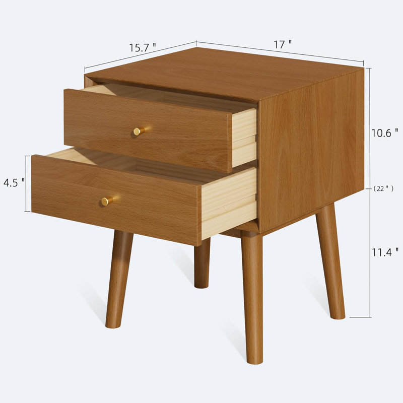 Table de chevet moderne Mid-Century avec 2 tiroirs, table de bout en bois massif, quincaillerie laiton rétro, Brun