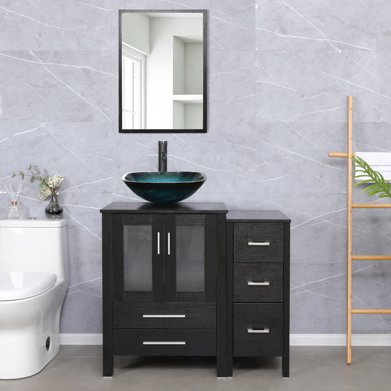 Ensemble de meuble-lavabo simple 3 po avec lavabo 3 veseel, robinet et drain 3 combo, Noir