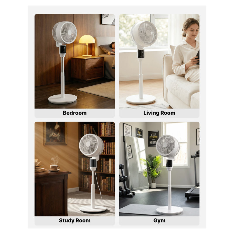Ventilateur sur pied 9 pouces avec moteur à courant continu, télécommande, 9 vitesses et 4 modes, hauteur réglable 32,1 à 37,6 po, blanc