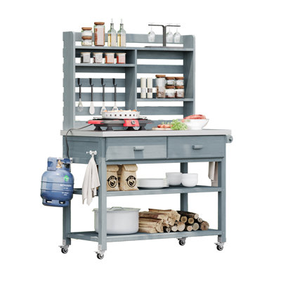 Sylvara 64.9"H Outdoor Potting Bench Table With Stainless Steel Top, Upper Hutch And Lockable Wheels