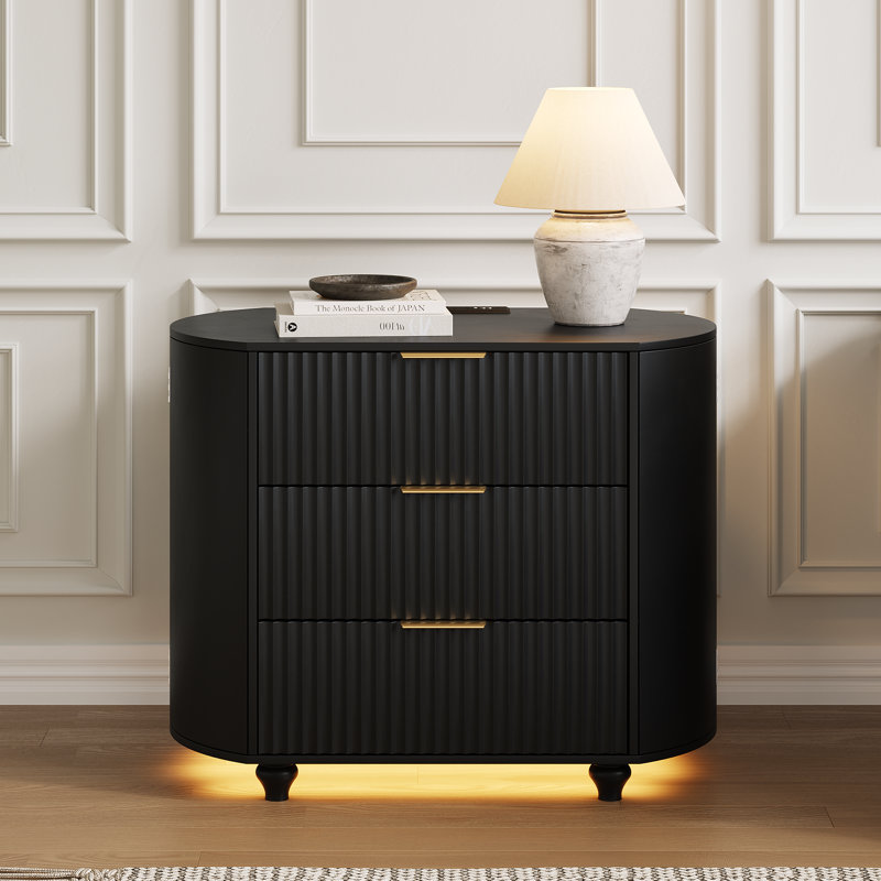 Mid Century 31.5'' W Oval Fluted Nightstand with 3 Drawers, LED Lights and USB & Type-C Port, Black